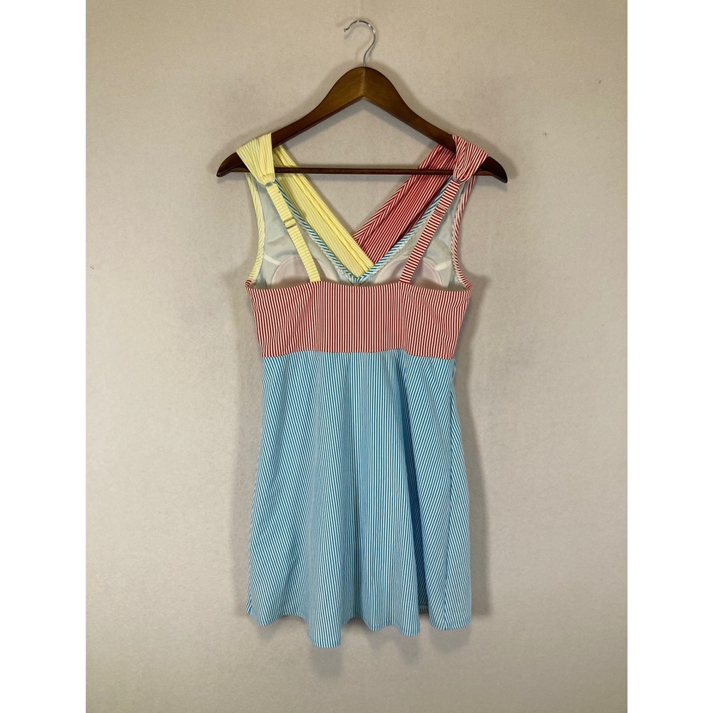 Retro Nautical Lands' End Women 8 Multi Colorblock Pinstripe Swim Dress Suit - Picture 2 of 10